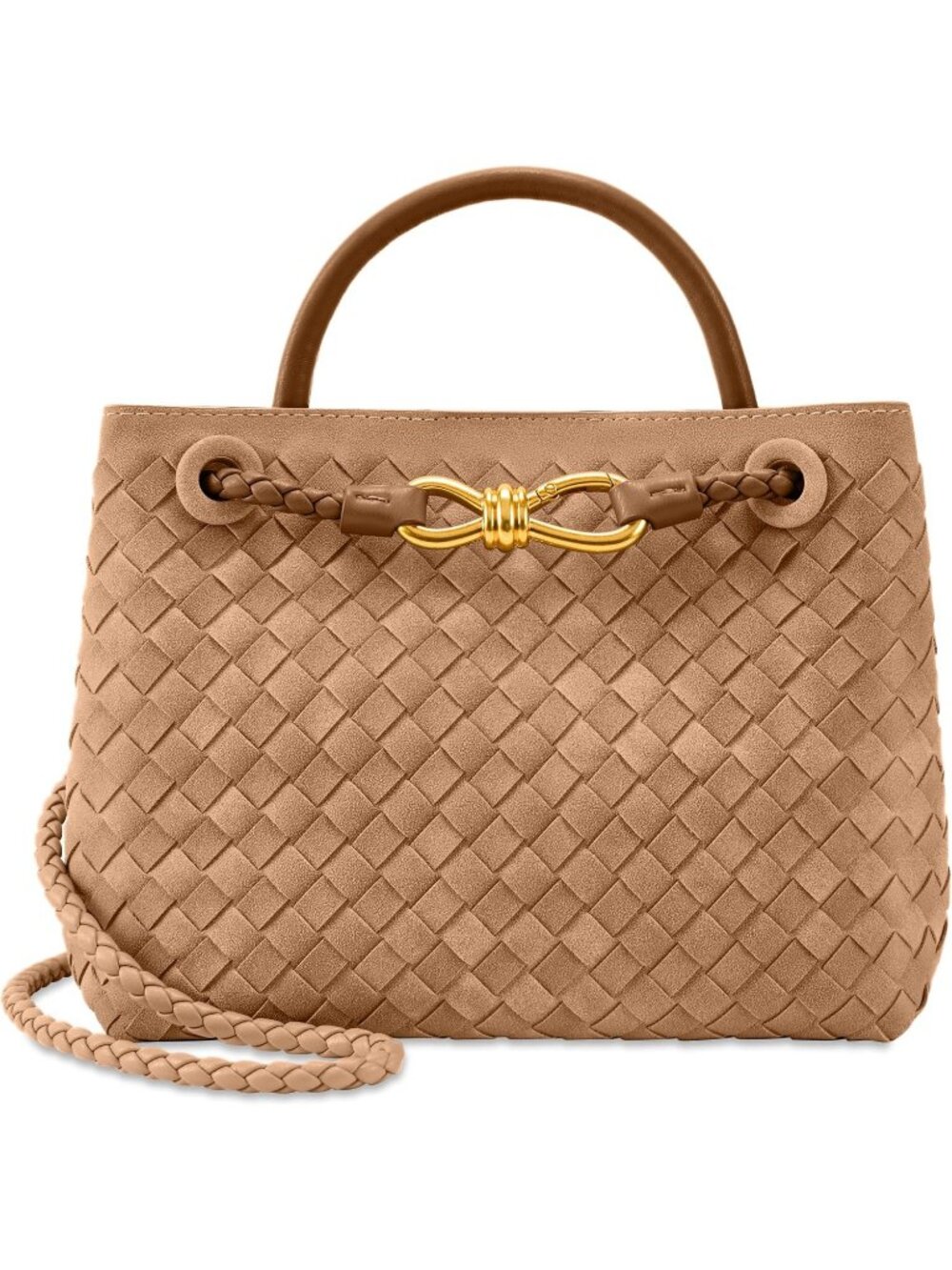 Women's B Khaki Woven Leather Tote Handle Designer Handbag Shoulder Bag